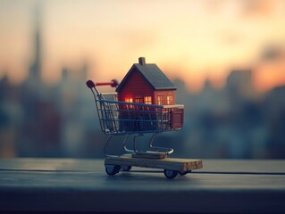 Poster - Miniature house in shopping cart at sunset. (1)