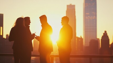 Poster - Silhouetted businesspeople converse at sunset, cityscape backdrop.