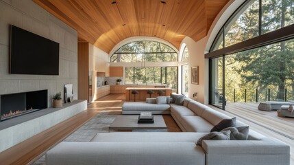 Aufkleber - Modern living room with vaulted ceiling, large windows, fireplace, and sectional sofa.