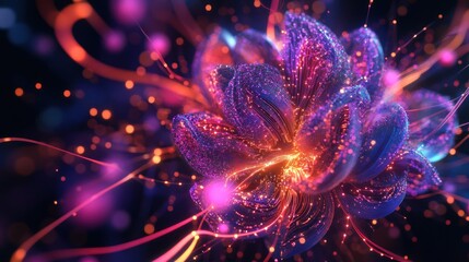 Poster - Abstract vibrant flower with glowing particles and lines.
