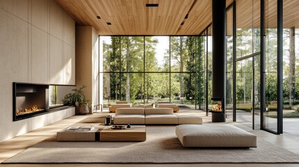 Poster - Modern minimalist living room with fireplace, large windows, and forest view. (1)