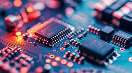 Poster - Close-up of a circuit board with microchips and electronic components illuminated with red and blue light.