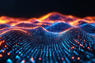 Poster - Abstract digital landscape with glowing particles forming wavy terrain in blue and orange hues.