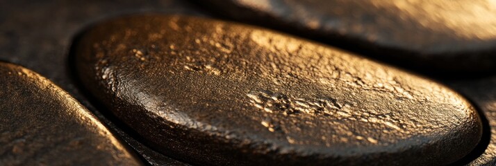 Poster - Close-up of smooth, dark brown stones with golden highlights.