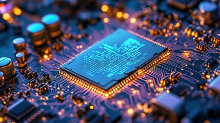 Poster - Close-up of a computer microchip with glowing circuitry.