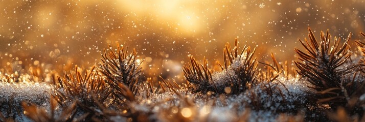 Aufkleber - Close-up of snow-covered pine needles in golden sunlight.