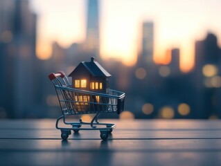 Poster - Miniature house in shopping cart against city sunset.