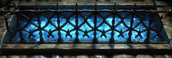 Intricate iron bars adorned with glowing runes cast a mystical blue light onto a weathered stone floor