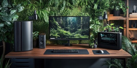 Poster - Modern home office setup with computer, speakers, and lush greenery.