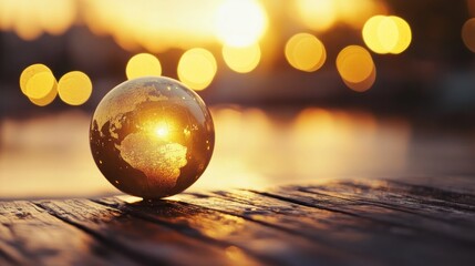 Poster - Golden globe on wooden surface at sunset.