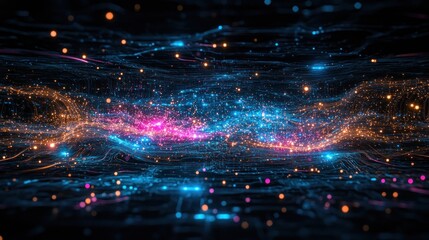 Aufkleber - Abstract digital art with glowing particles and lines in blue, orange, and pink hues, creating a dynamic and energetic visual effect.