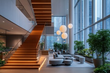 Poster - Modern office lobby with wooden staircase, lounge area, and large windows.