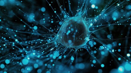 Aufkleber - Abstract dark blue glowing sphere with radiating lines and particles.