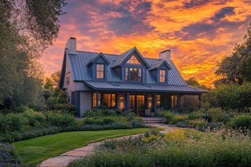 Poster - Dramatic sunset illuminates a charming farmhouse with manicured landscaping and stone pathway.