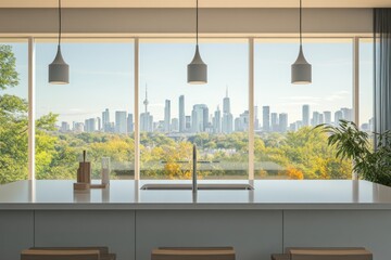 Aufkleber - Modern kitchen with city view; minimalist design, large window, city skyline, countertop, sink, pendant lights, stools.