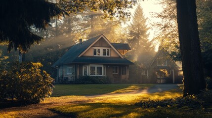 Poster - Sunlit house nestled in a misty forest at sunrise.