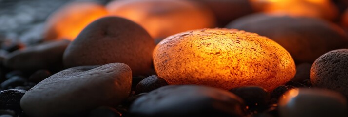 Poster - Glowing orange stone among dark pebbles.