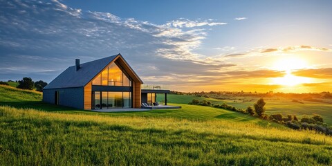 Poster - Modern house on a green hill at sunset.