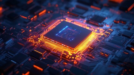Fototapete - Close-up of a glowing central processing unit (CPU) on a circuit board.