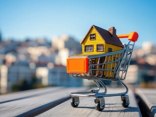 Poster - Miniature house in shopping cart on wooden surface against city backdrop.