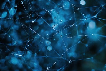 Poster - Abstract blue network with water droplets and bokeh background.