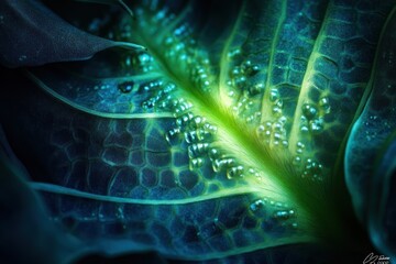 Poster - Close-up of a leaf's intricate vein structure, glowing green center, water droplets.