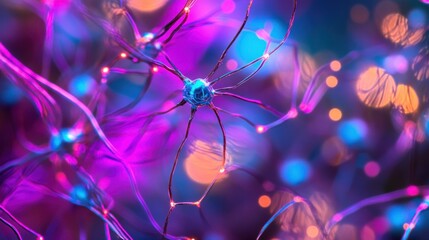 Poster - Microscopic view of neuron cell network with glowing connections.