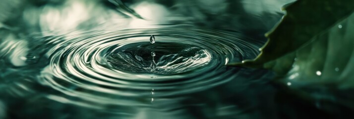 Leinwandbilder - Water droplet creating ripples in dark green water with a leaf in the background.