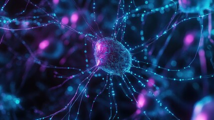 Aufkleber - Microscopic view of a neuron cell with glowing axons and dendrites.
