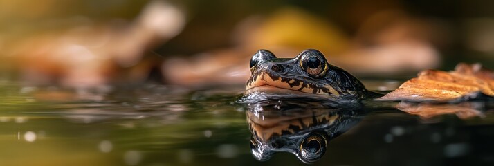 Poster - Close-up of a frog's head emerging from calm water, surrounded by autumn leaves.