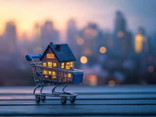 Poster - Miniature house in shopping cart against city lights.