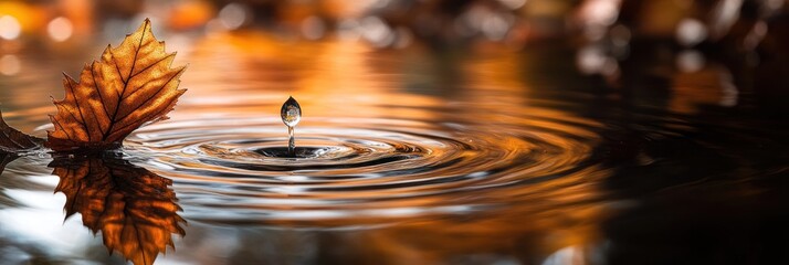 Poster - Autumn leaf in water with a droplet creating ripples.