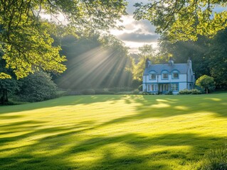Poster - Sunbeams illuminate a charming cottage nestled in a lush green landscape.