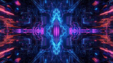 Poster - Abstract symmetrical digital art with glowing neon lines and circuit board patterns.