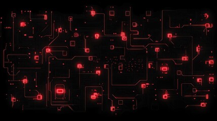 Poster - Abstract red circuit board pattern on black background.