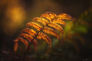 Aufkleber - Golden autumn fern frond in forest, backlit sunlight.