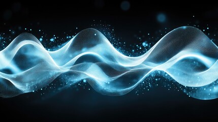 Fototapete - Abstract blue background features a wave of glowing dots and lines, ideal for digital design presentations focused on big data technology