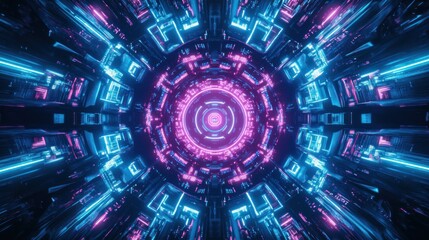Poster - Abstract neon pink and blue circular light tunnel.