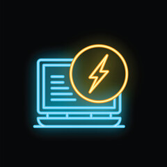 Poster - Vibrant neon icon depicting a laptop with a lightning bolt, representing concepts like power, energy, and fast performance