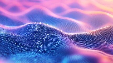 Poster - Abstract digital landscape with glowing particles forming wavy hills in vibrant pink, blue, and purple hues.