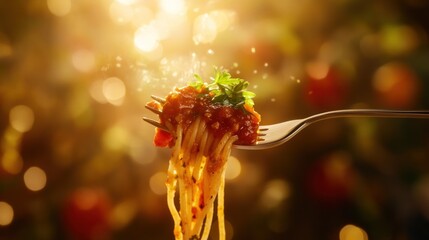 Poster - Close-up of spaghetti with meatballs on a fork, against a bokeh background.