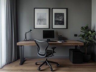 Aufkleber - Modern home office with wooden desk, ergonomic chair, computer, and plants.