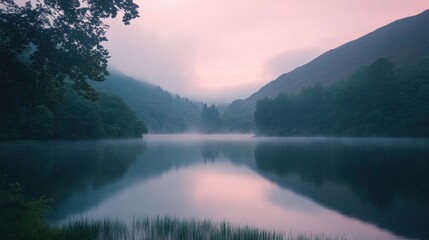 Poster - Serene sunrise over misty lake reflecting hills and trees.