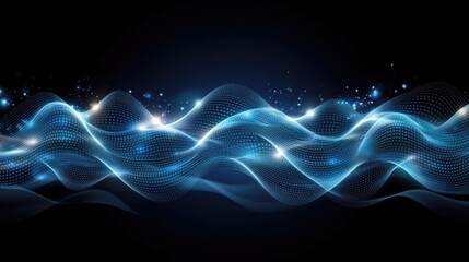 Fototapete - Abstract blue background features a wave of glowing dots and lines, ideal for digital design presentations focused on big data technology