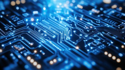 Poster - Close-up of illuminated circuit board, showcasing intricate pathways and connections.
