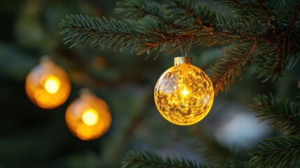 Poster - Illuminated gold Christmas bauble hanging on a fir tree branch at night.