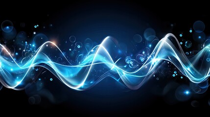 Fototapete - Abstract blue background features a wave of glowing dots and lines, ideal for digital design presentations focused on big data technology
