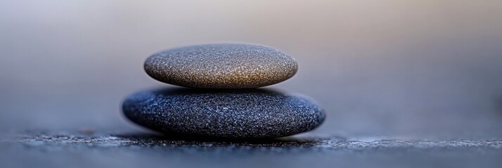 Poster - Two smooth, grey and brown stones stacked on each other, close-up.