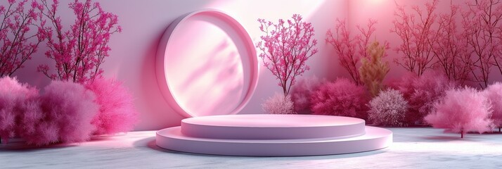Poster - Abstract 3D Podium Set in Pastel Gradient with Pink Trees and Background