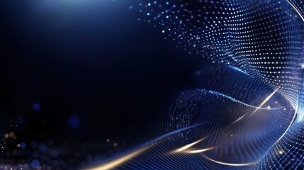 Fototapete - Abstract blue background features a wave of glowing dots and lines, ideal for digital design presentations focused on big data technology